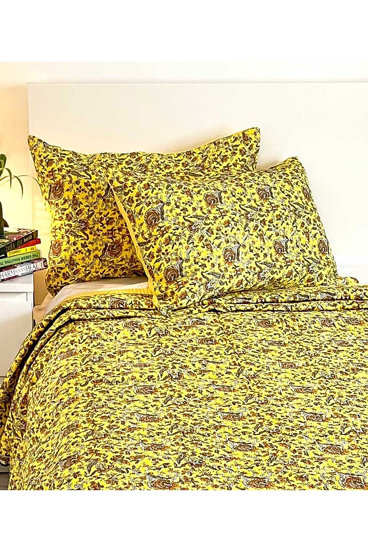 Yellow Cotton Hand Block Printed Quilted Bedspread by Coco Bee at Pernia's Pop Up Shop