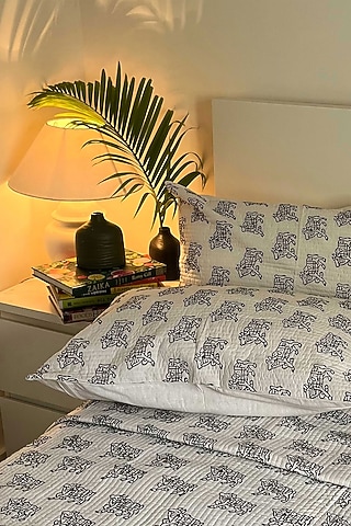 White Cotton Hand Block Printed Quilted Bedspread by Coco Bee