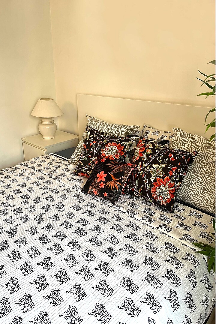 White Cotton Hand Block Printed Quilted Bedspread by Coco Bee at Pernia's Pop Up Shop