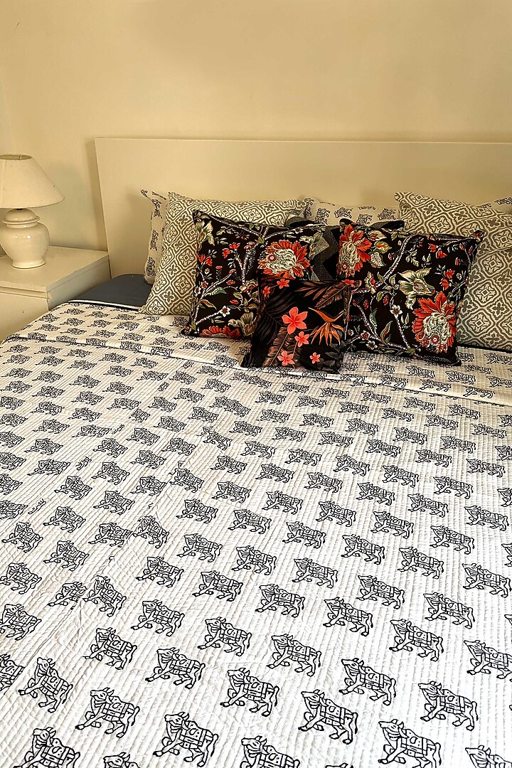 White Cotton Hand Block Printed Quilted Bedspread by Coco Bee at Pernia's Pop Up Shop