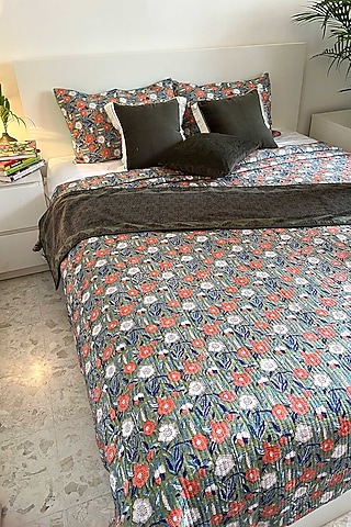 Green Cotton Hand Block Printed Quilted Bedspread by Coco Bee