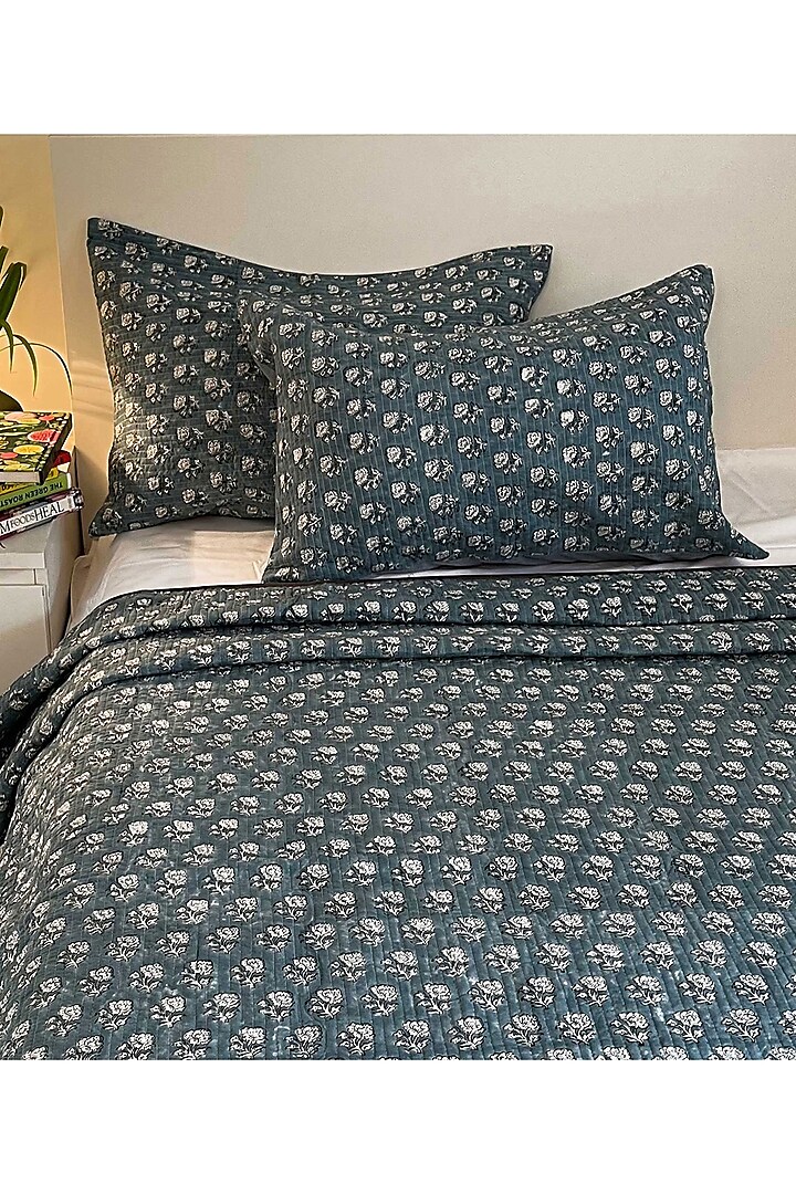 Greyish Blue Cotton Hand Block Printed Quilted Bedspread by Coco Bee