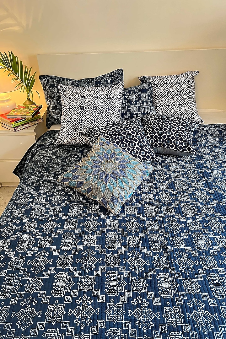 Blue Cotton Hand Block Printed Quilted Bedspread by Coco Bee