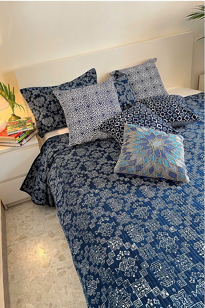 Blue Cotton Hand Block Printed Quilted Bedspread by Coco Bee at Pernia's Pop Up Shop