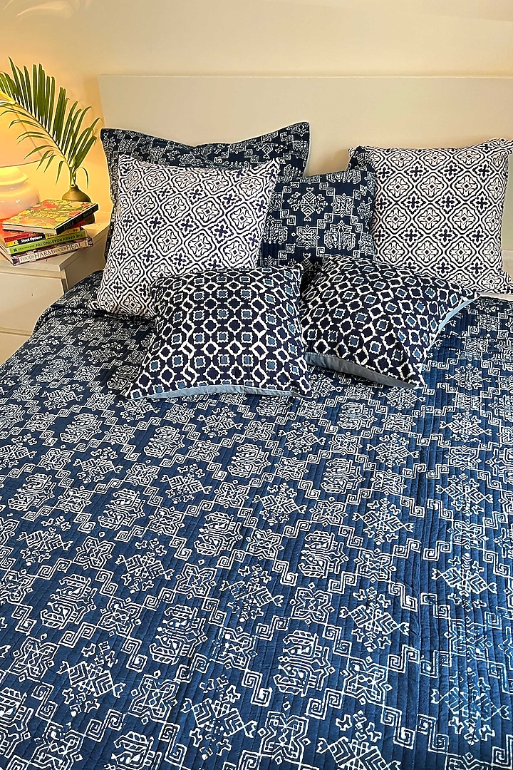 Blue Cotton Hand Block Printed Quilted Bedspread by Coco Bee at Pernia's Pop Up Shop