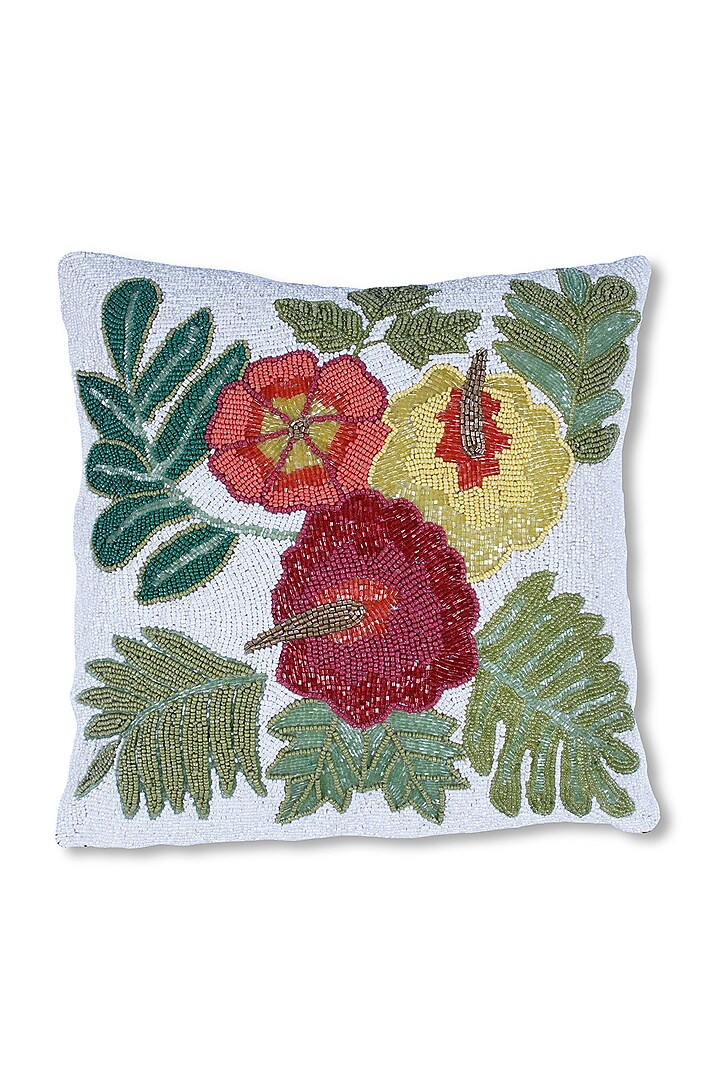 Multi Colored Canvas Cotton & Satin Handcrafted Beaded Cushion by Coco bee