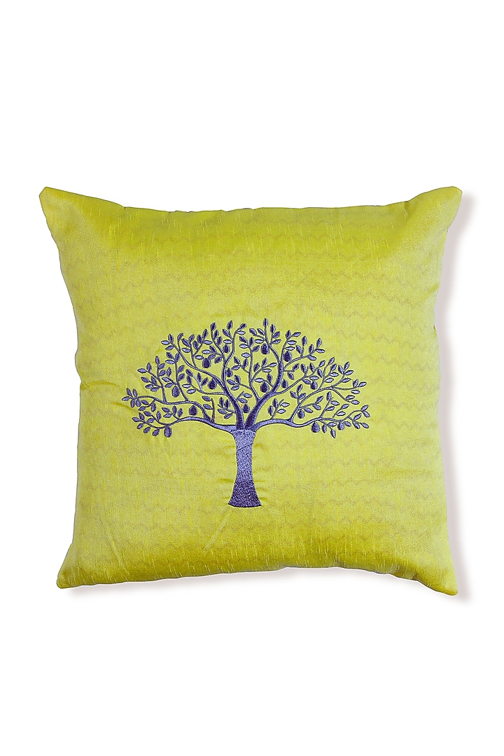 Yellow Embroidered Art Silk Cushion by Coco bee
