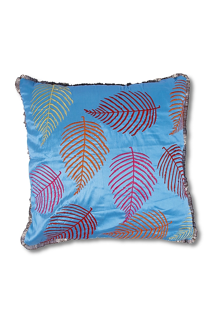 Blue Embroidered Art Silk Cushion by Coco bee