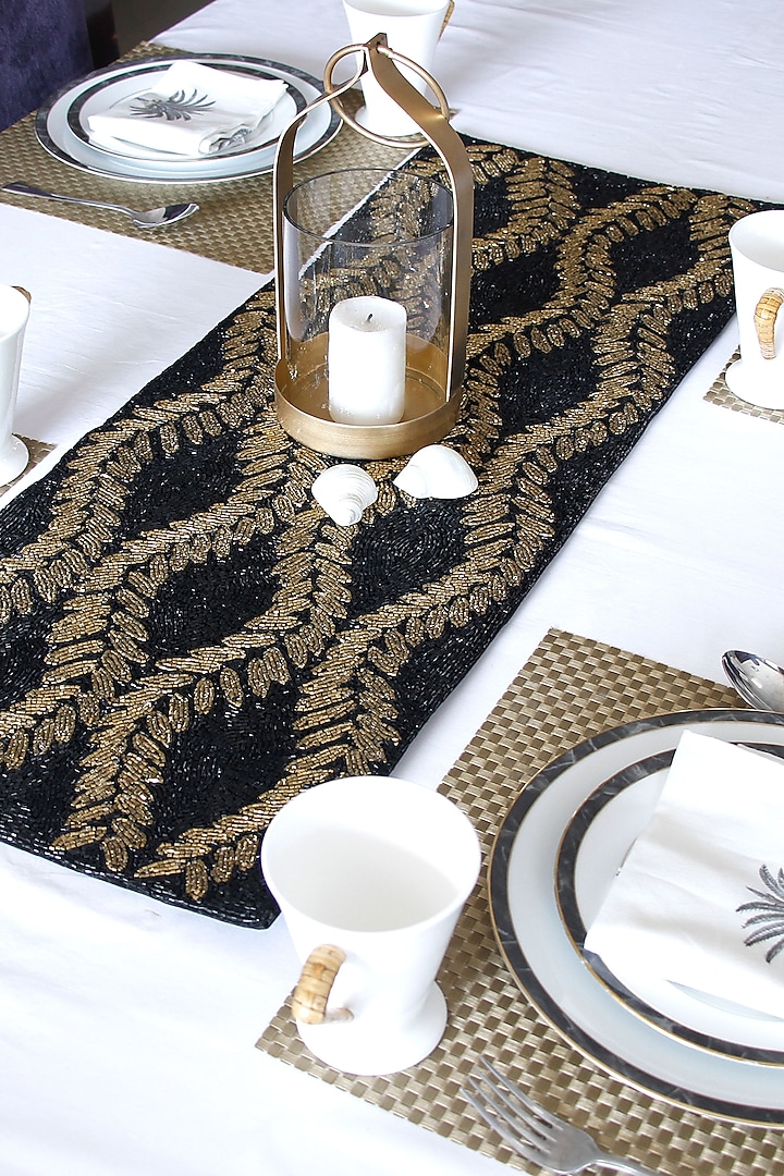Black Canvas Handcrafted Beaded Table Runner by Coco bee