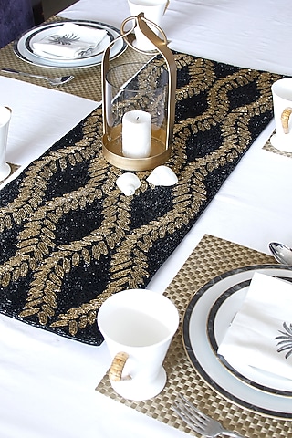 Black Canvas Handcrafted Beaded Table Runner by Coco bee
