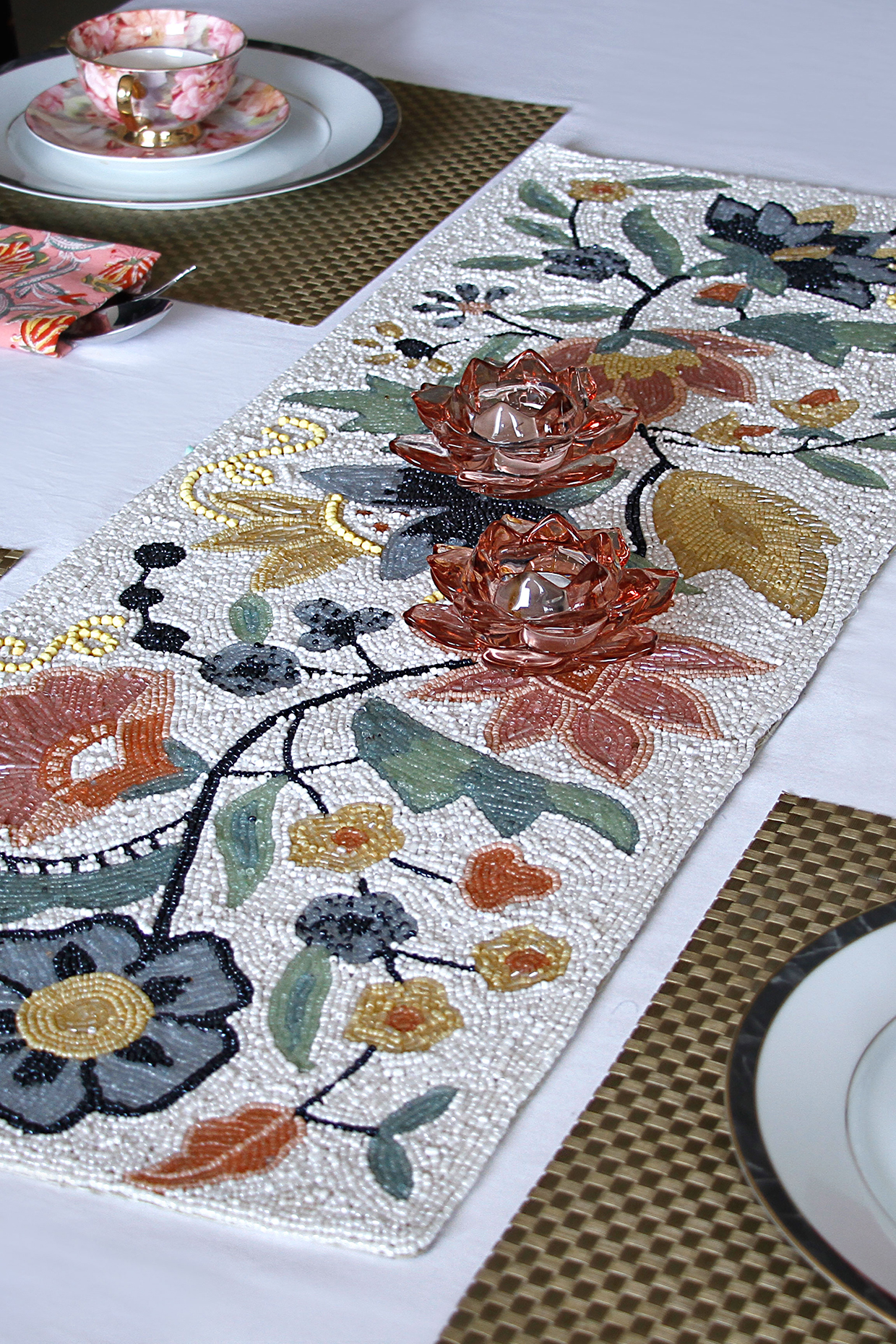 White Canvas Handcrafted Beaded Table Runner by Coco bee at Pernia's Pop Up Shop