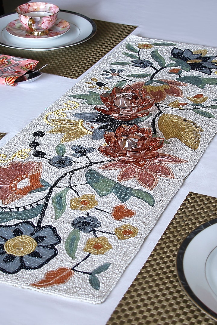 White Canvas Handcrafted Beaded Table Runner by Coco bee
