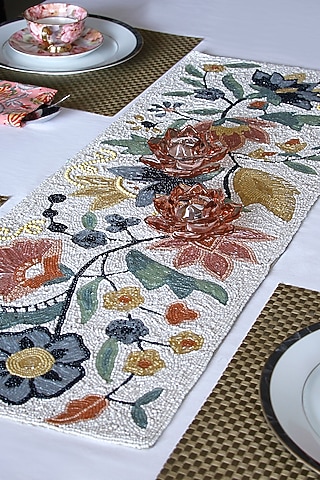 White Canvas Handcrafted Beaded Table Runner by Coco bee