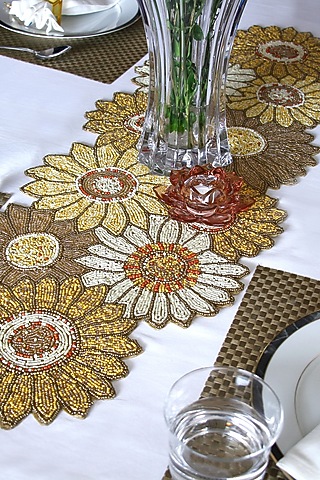 Cream Canvas Handcrafted Beaded Table Runner by Coco bee