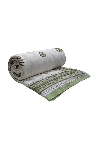 Cream Handcrafted Quilt With Hand Block Print by Coco bee