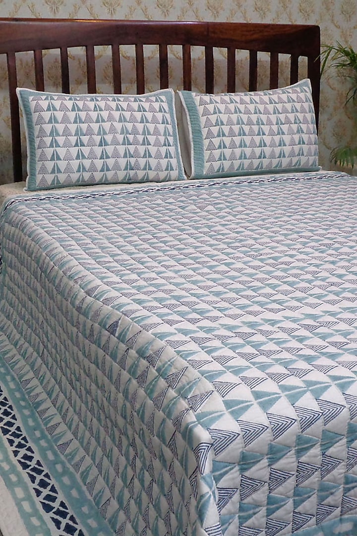 Aqua Hand Block Printed Quilted Bedspread Set (Set of 3) by Coco Bee