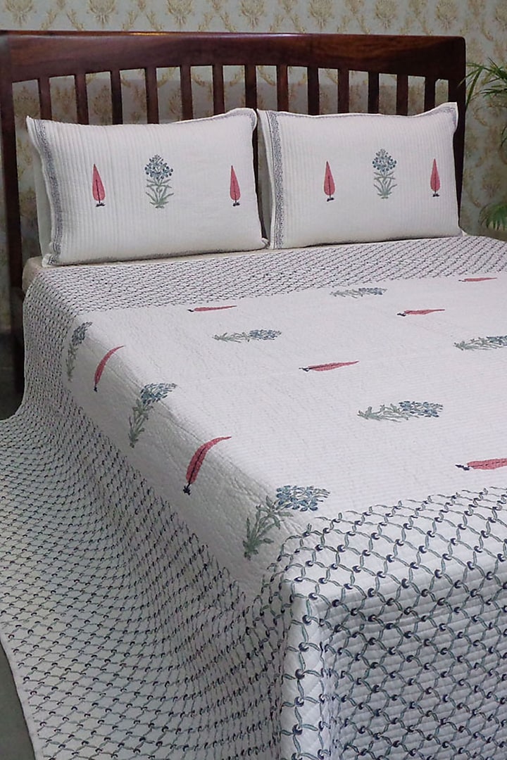 White Hand Block Printed Quilted Bedspread Set (Set of 3) by Coco Bee