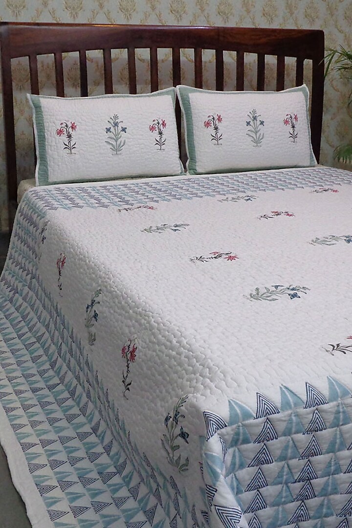 White & Blue Hand Block Printed Quilted Bedspread Set (Set of 3) by Coco Bee at Pernia's Pop Up Shop