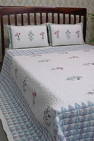White & Blue Hand Block Printed Quilted Bedspread Set (Set of 3) by Coco Bee