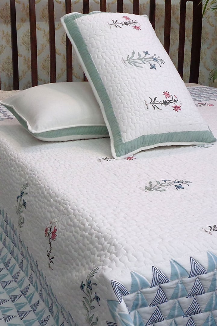 White & Blue Hand Block Printed Quilted Bedspread Set (Set of 3) by Coco Bee at Pernia's Pop Up Shop