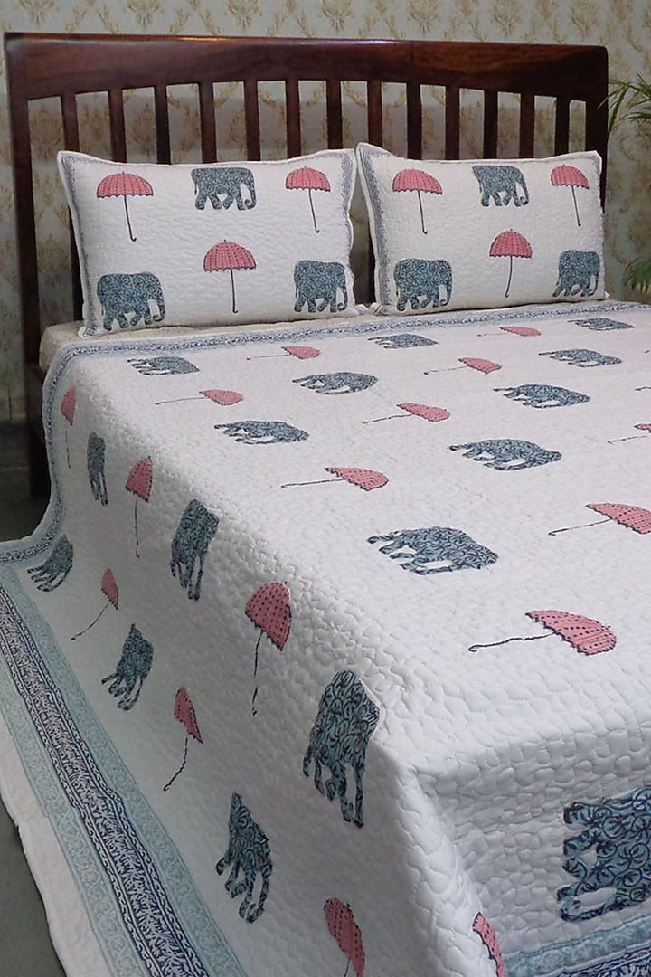 Off-White Hand Block Printed Quilted Bedspread Set (Set of 3) by Coco Bee at Pernia's Pop Up Shop