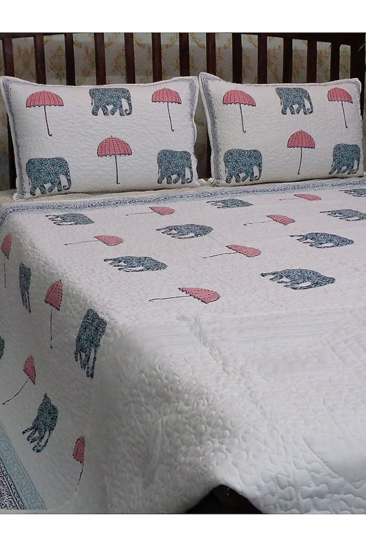 Off-White Hand Block Printed Quilted Bedspread Set (Set of 3) by Coco Bee at Pernia's Pop Up Shop