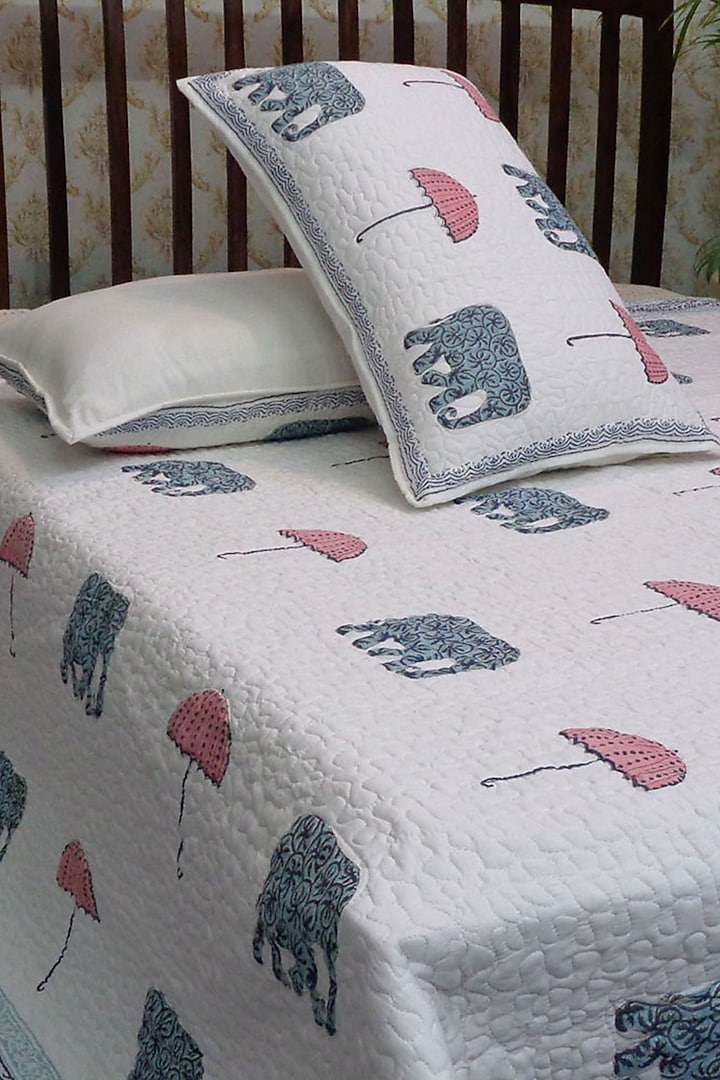 Off-White Hand Block Printed Quilted Bedspread Set (Set of 3) by Coco Bee at Pernia's Pop Up Shop