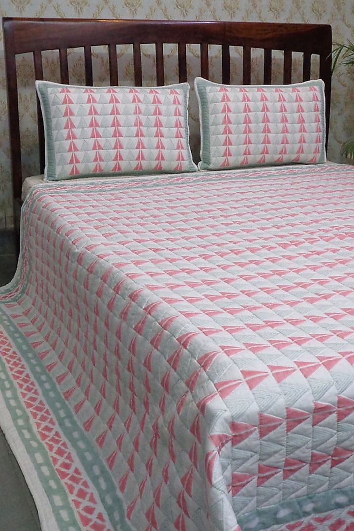 Pink Hand Block Printed Quilted Bedspread Set (Set of 3) by Coco Bee