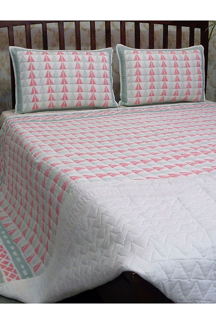 Pink Hand Block Printed Quilted Bedspread Set (Set of 3) by Coco Bee at Pernia's Pop Up Shop