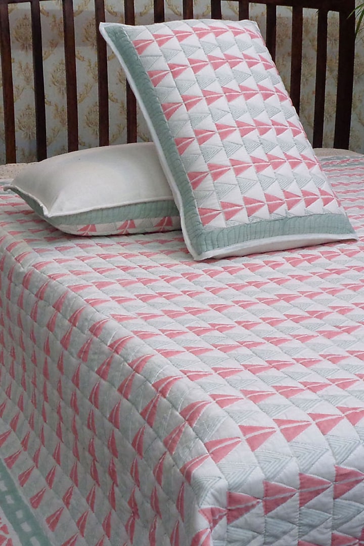 Pink Hand Block Printed Quilted Bedspread Set (Set of 3) by Coco Bee at Pernia's Pop Up Shop