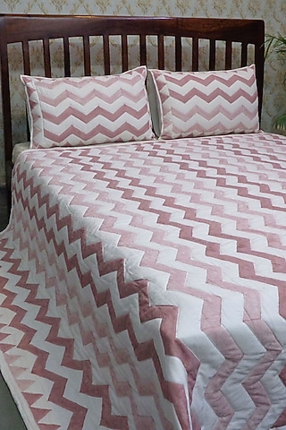 Rust Hand Block Printed Quilted Beadspread Set (Set of 3) by Coco Bee