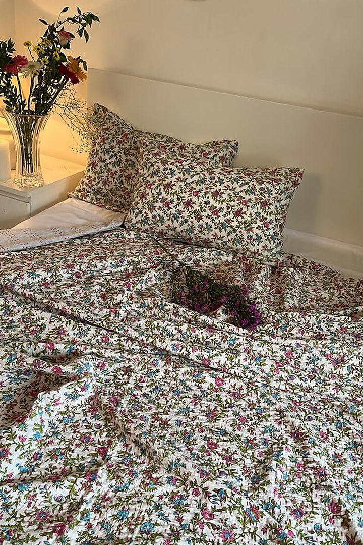 White Cotton Floral Printed Kantha Bedspread Set by Coco Bee at Pernia's Pop Up Shop