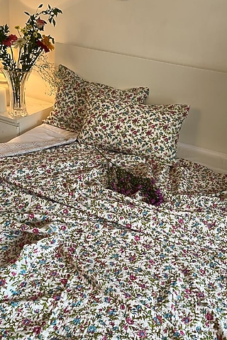 White Cotton Floral Printed Kantha Bedspread Set by Coco Bee