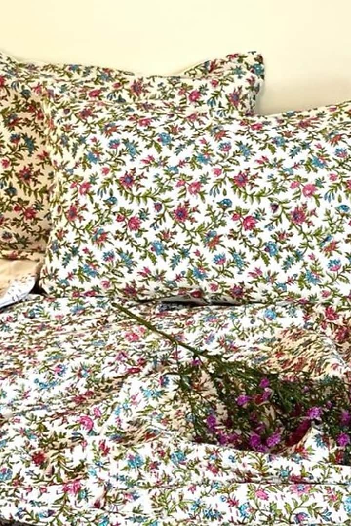 White Cotton Floral Printed Kantha Bedspread Set by Coco Bee at Pernia's Pop Up Shop