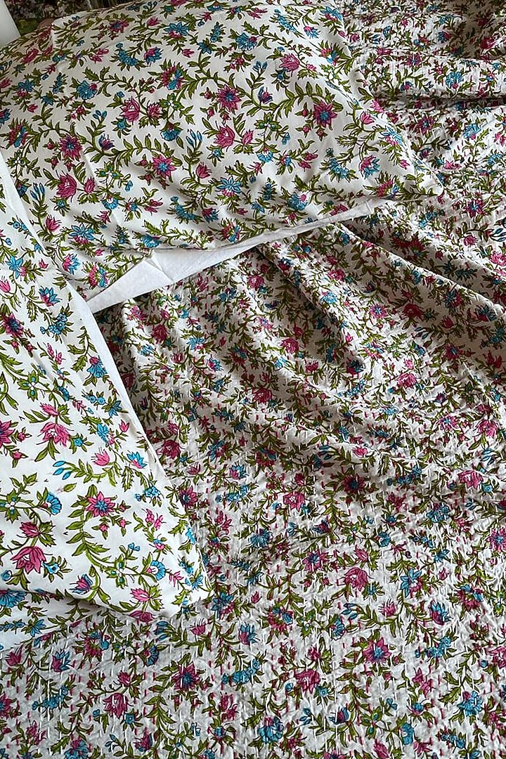 White Cotton Floral Printed Kantha Bedspread Set by Coco Bee at Pernia's Pop Up Shop
