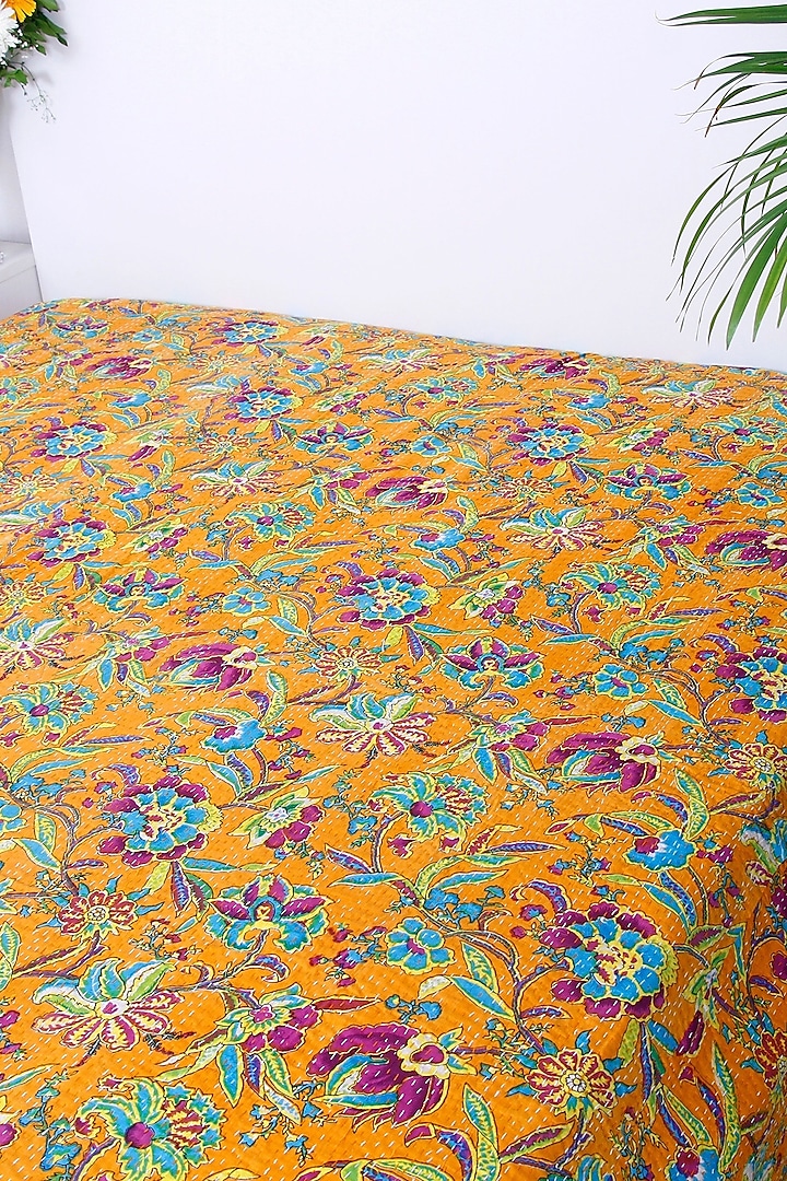 Yellow Cotton Floral Printed Kantha Bedspread by Coco Bee at Pernia's Pop Up Shop