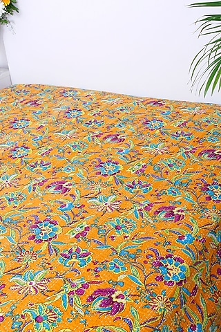Yellow Cotton Floral Printed Kantha Bedspread by Coco Bee