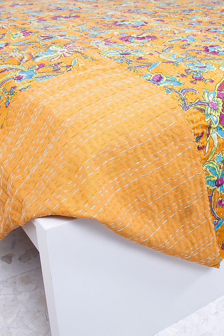 Yellow Cotton Floral Printed Kantha Bedspread by Coco Bee at Pernia's Pop Up Shop