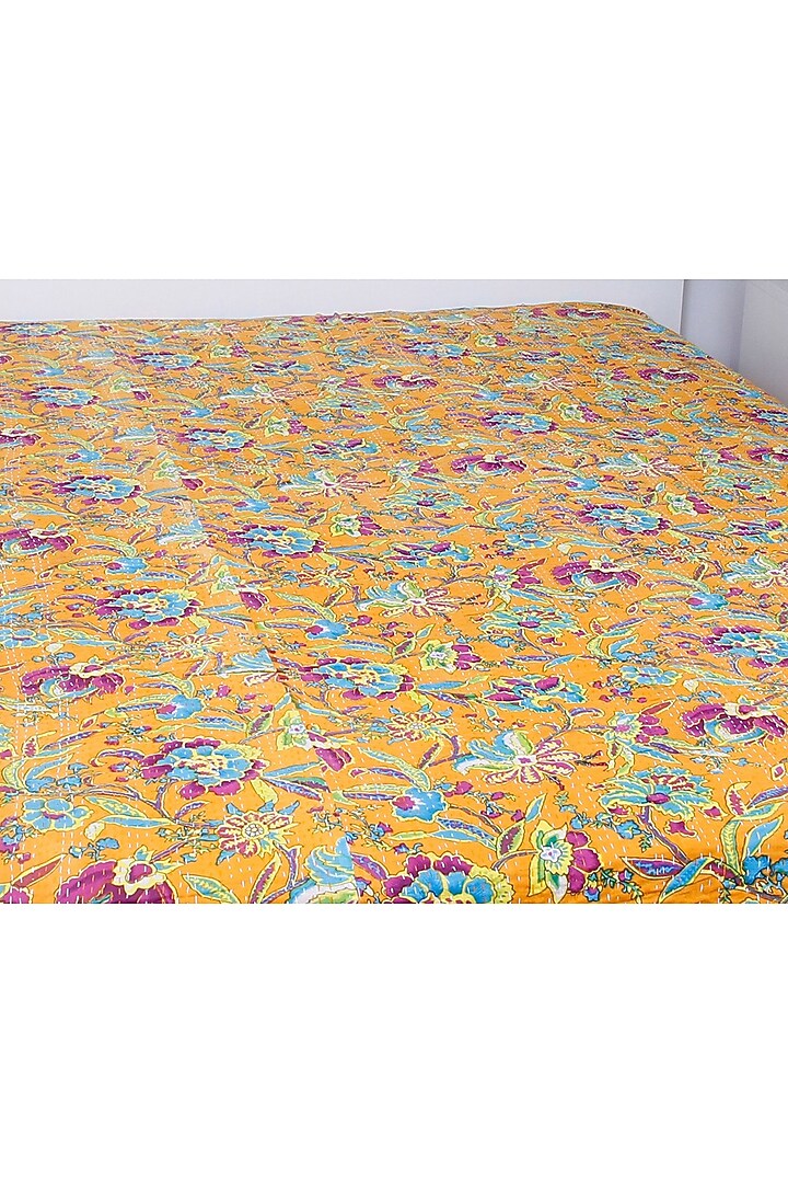Yellow Cotton Floral Printed Kantha Bedspread by Coco Bee at Pernia's Pop Up Shop