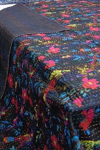 Black Cotton Floral Printed Kantha Bedspread by Coco Bee