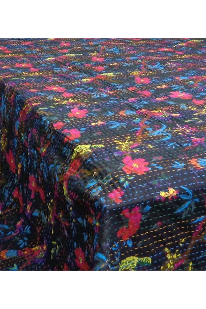 Black Cotton Floral Printed Kantha Bedspread by Coco Bee at Pernia's Pop Up Shop