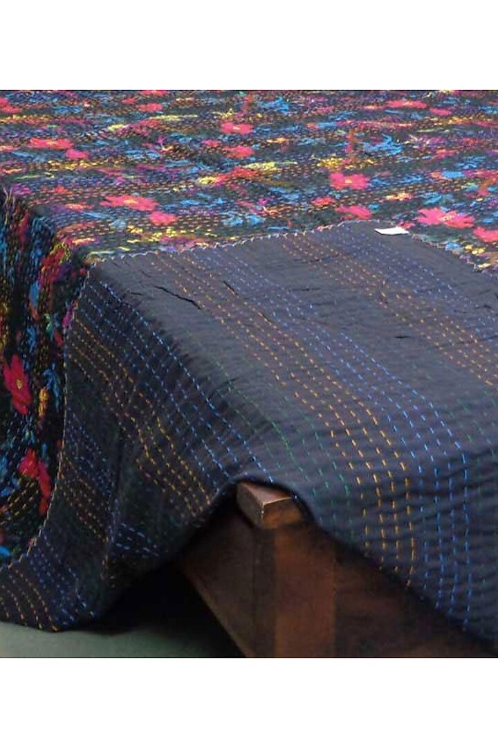 Black Cotton Floral Printed Kantha Bedspread by Coco Bee at Pernia's Pop Up Shop