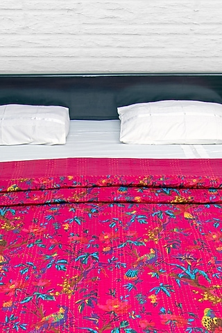 Pink Cotton Floral Printed Kantha Bedspread by Coco Bee