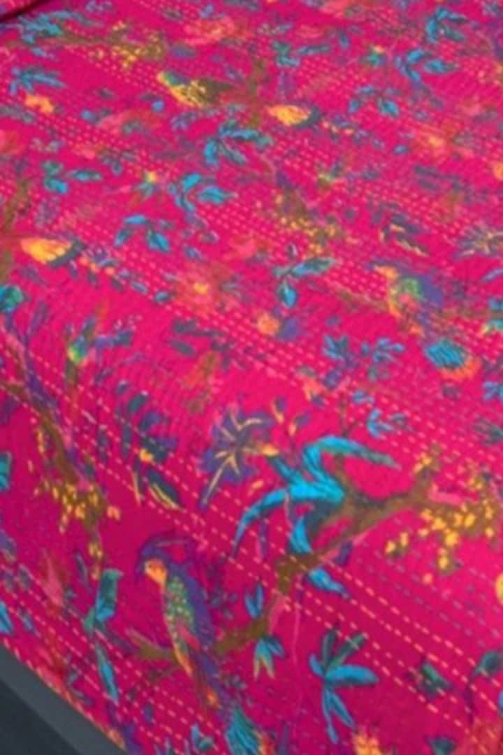 Pink Cotton Floral Printed Kantha Bedspread by Coco Bee at Pernia's Pop Up Shop