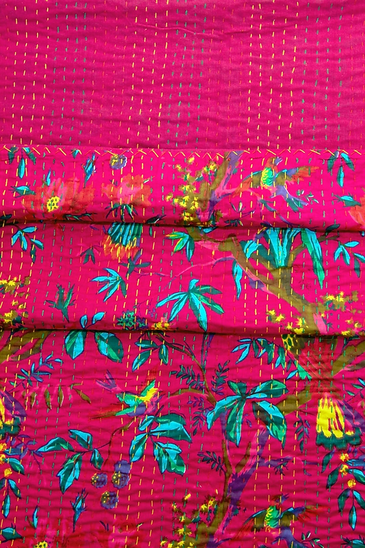 Pink Cotton Floral Printed Kantha Bedspread by Coco Bee at Pernia's Pop Up Shop