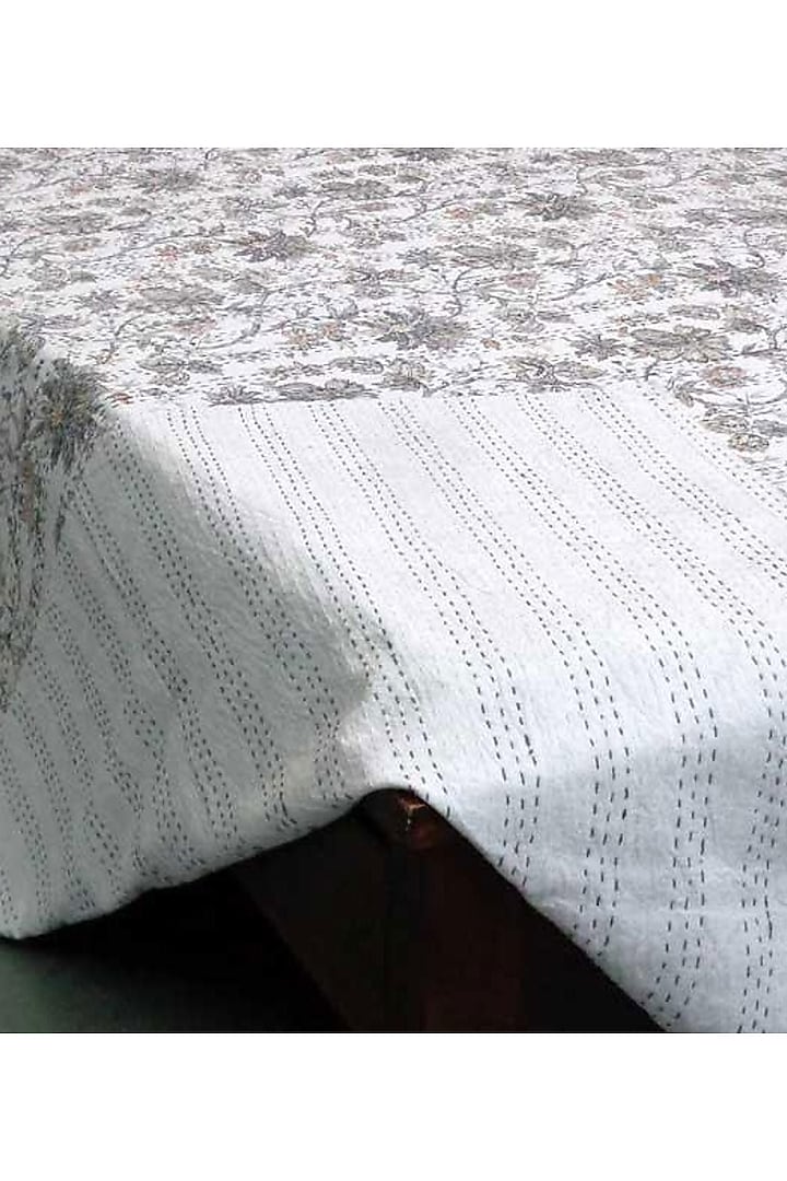 White Cotton Floral Printed Kantha Bedspread by Coco Bee at Pernia's Pop Up Shop