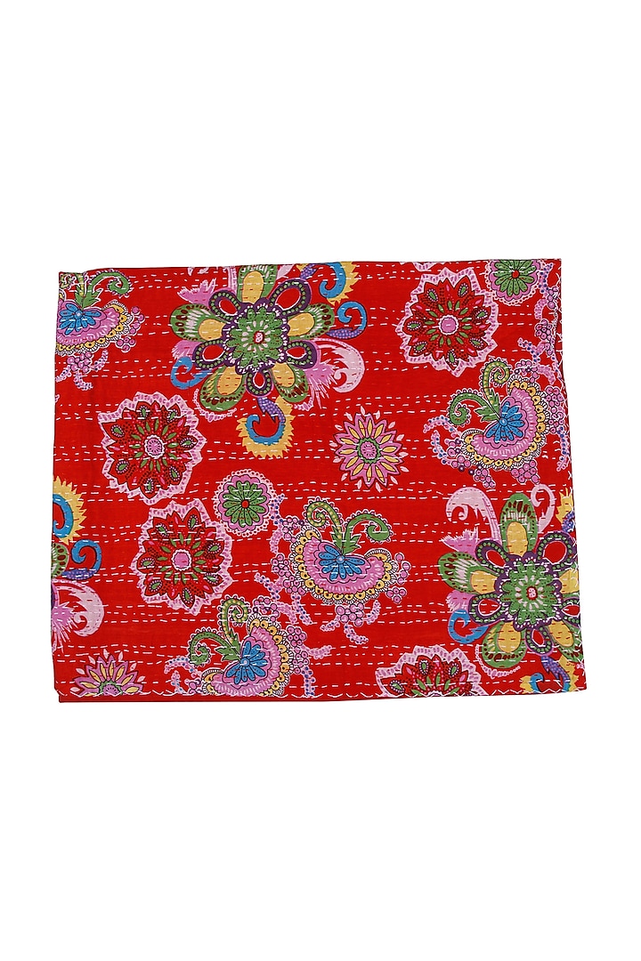 Red Cotton Floral Printed Kantha Bedspread by Coco Bee at Pernia's Pop Up Shop