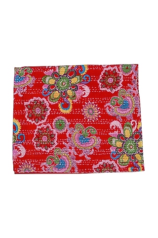 Red Cotton Floral Printed Kantha Bedspread by Coco Bee