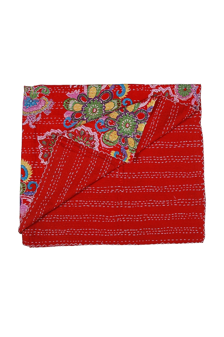 Red Cotton Floral Printed Kantha Bedspread by Coco Bee at Pernia's Pop Up Shop