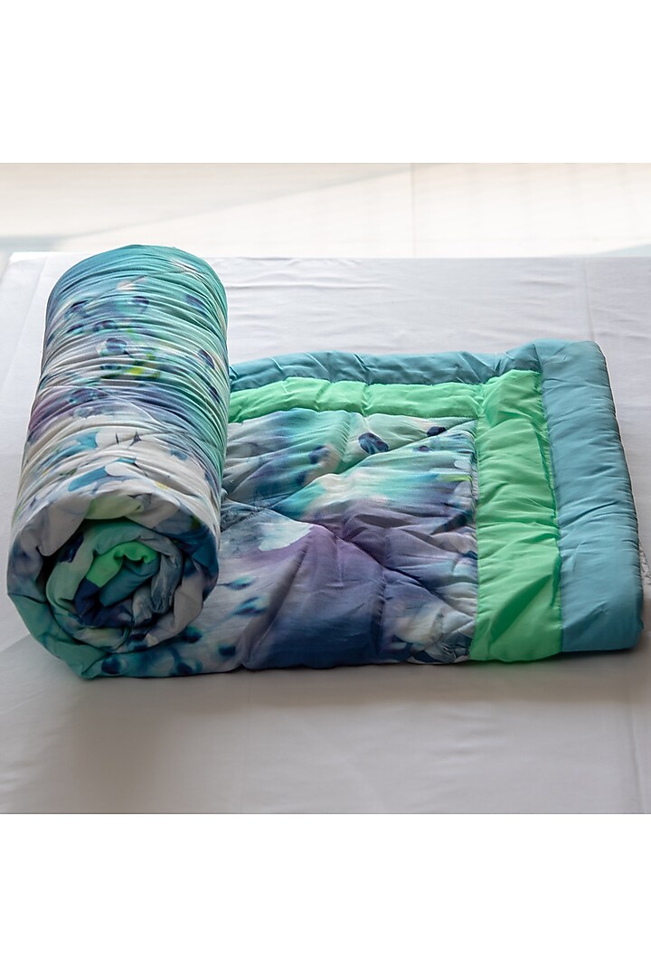 Aqua Blue Taffeta Silk Printed Quilt by Coco Bee at Pernia's Pop Up Shop
